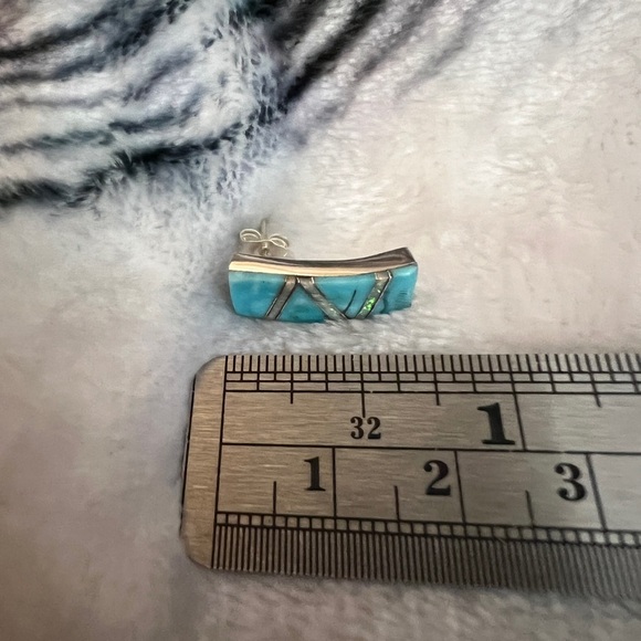 ❤️ Zuni Mojave Turquoise & Lab Opal Inlaid Earrings 925 Native Signed “8M” - Picture 4 of 8